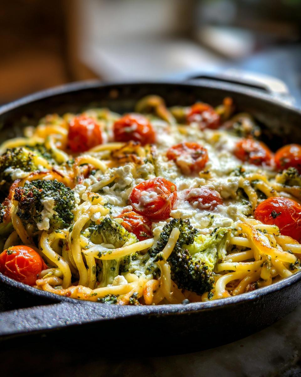 Close-up of Onepan Brokkoli Schupfnudeln mit Hirtenkäse und Tomaten in a pan, featuring broccoli, tomatoes, and feta cheese.