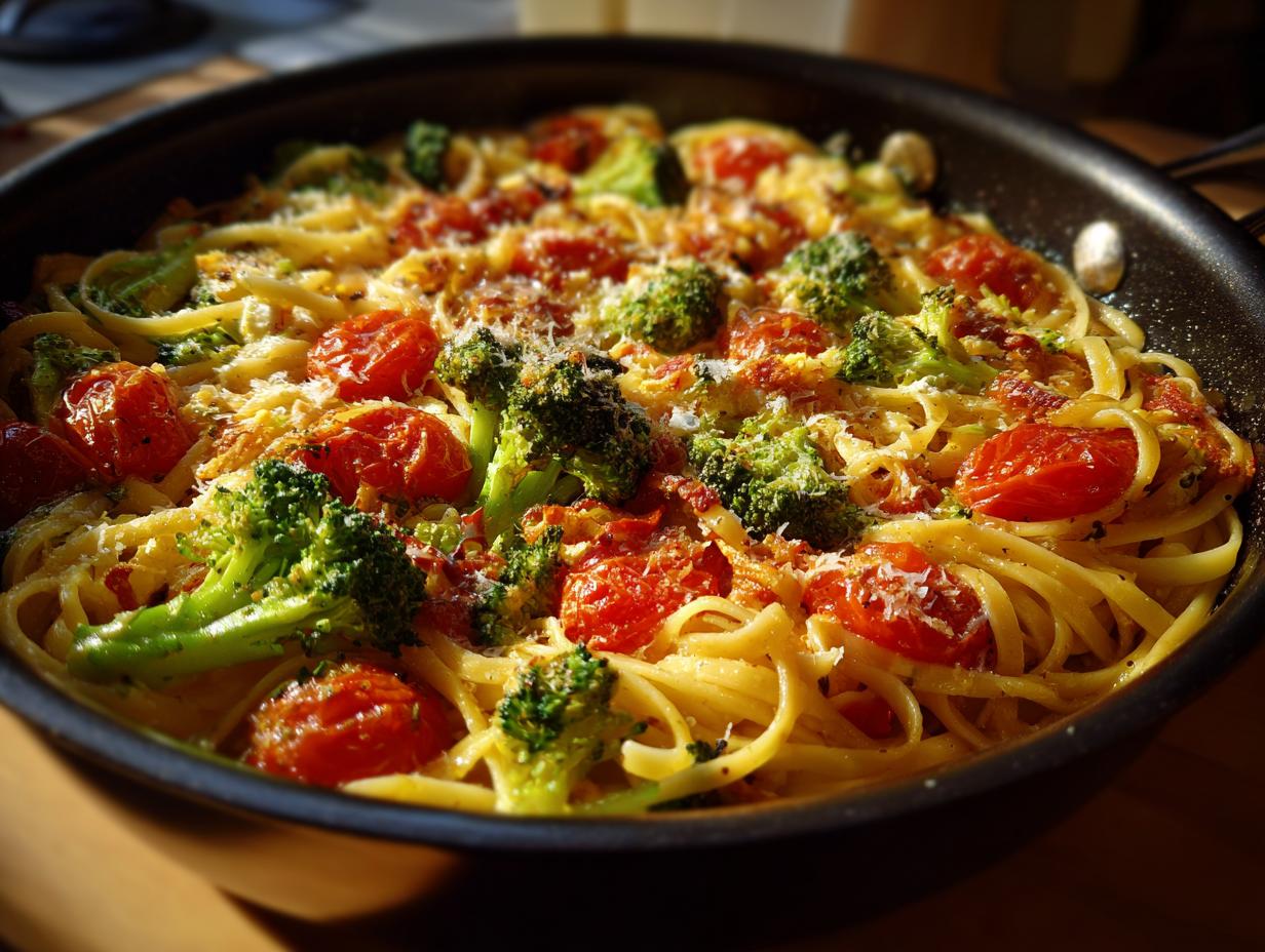 Delicious Onepan Brokkoli Schupfnudeln mit Hirtenkäse und Tomaten in a pan, ready to serve.
