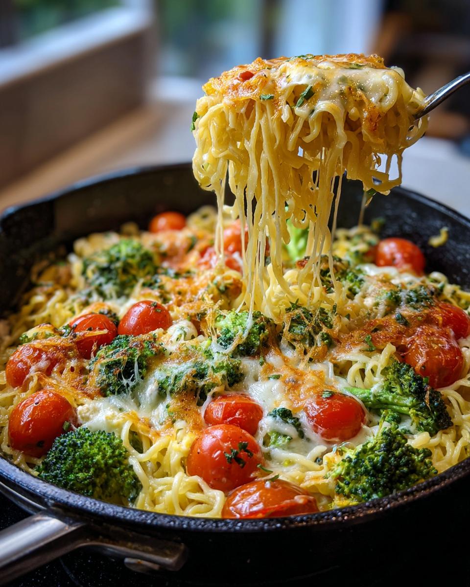 Close-up of Onepan Brokkoli Schupfnudeln mit Hirtenkäse und Tomaten in a pan, with a serving being lifted.