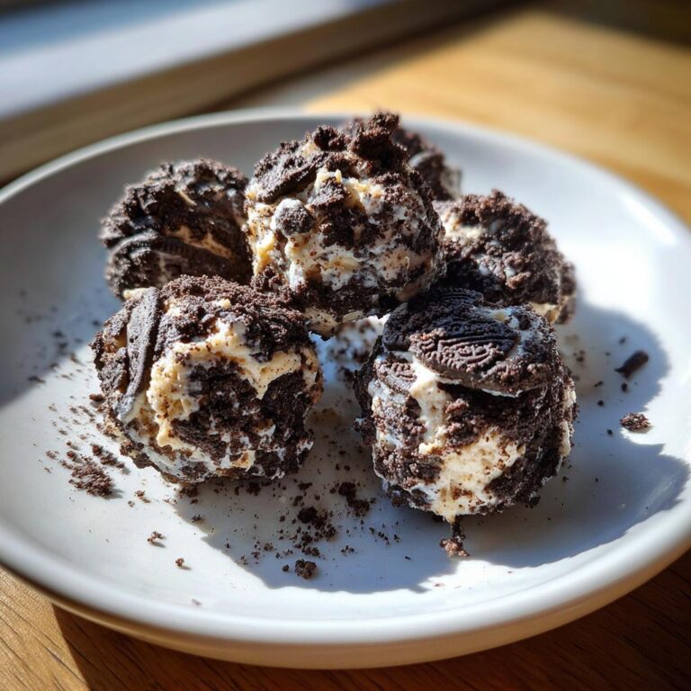 Close-up of Oreo-Frischkäse-Protein-Bällchen on a white plate, showing the Oreo cookie coating and creamy filling.
