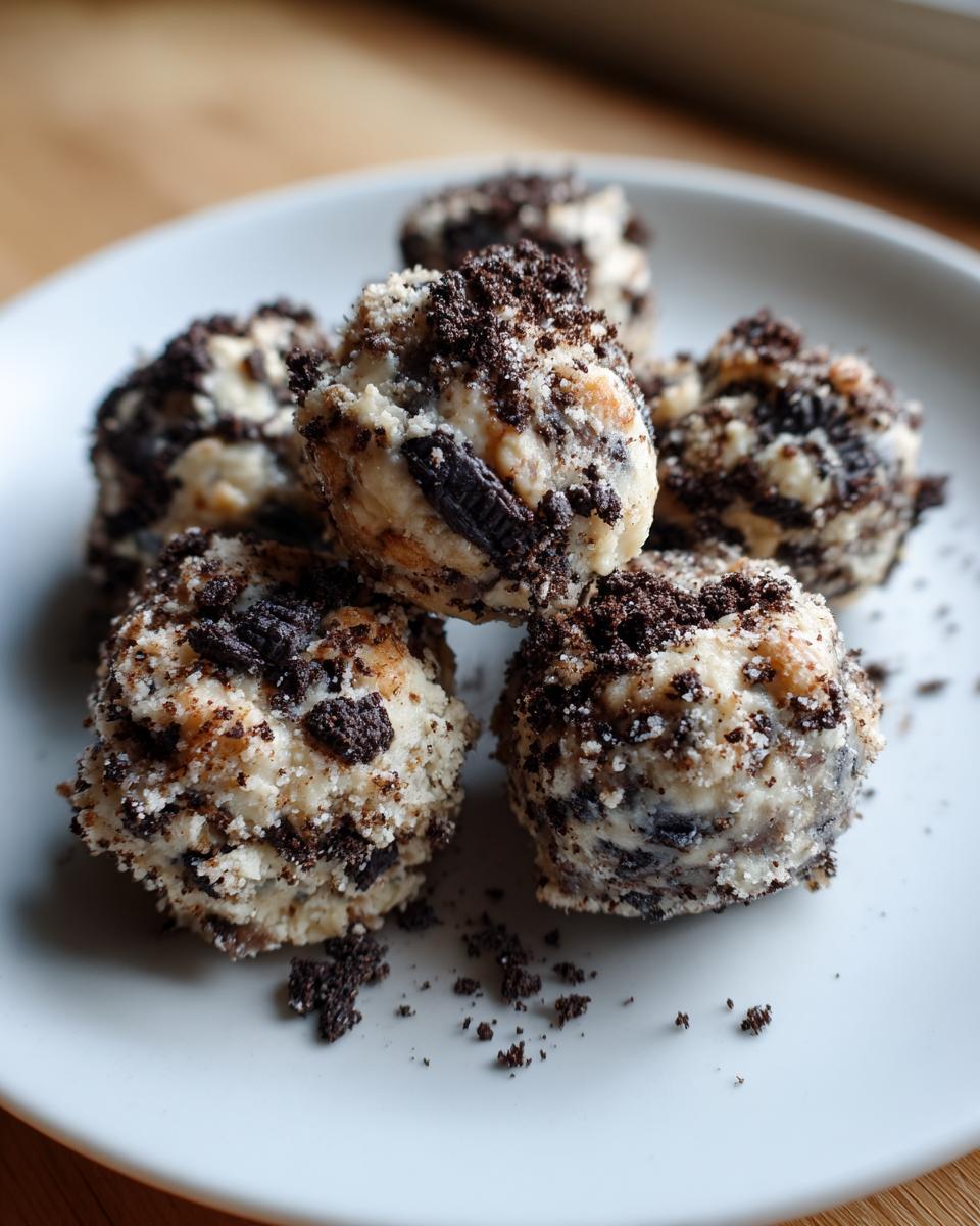 Close-up of Oreo-Frischkäse-Protein-Bällchen on a white plate, topped with crushed Oreos.