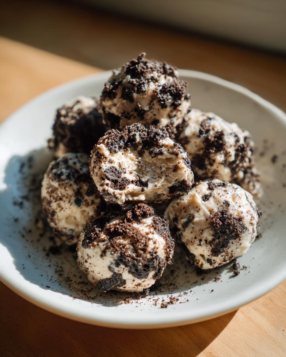 Close-up of Oreo-Frischkäse-Protein-Bällchen on a white plate, showing the creamy filling and Oreo crumble topping.