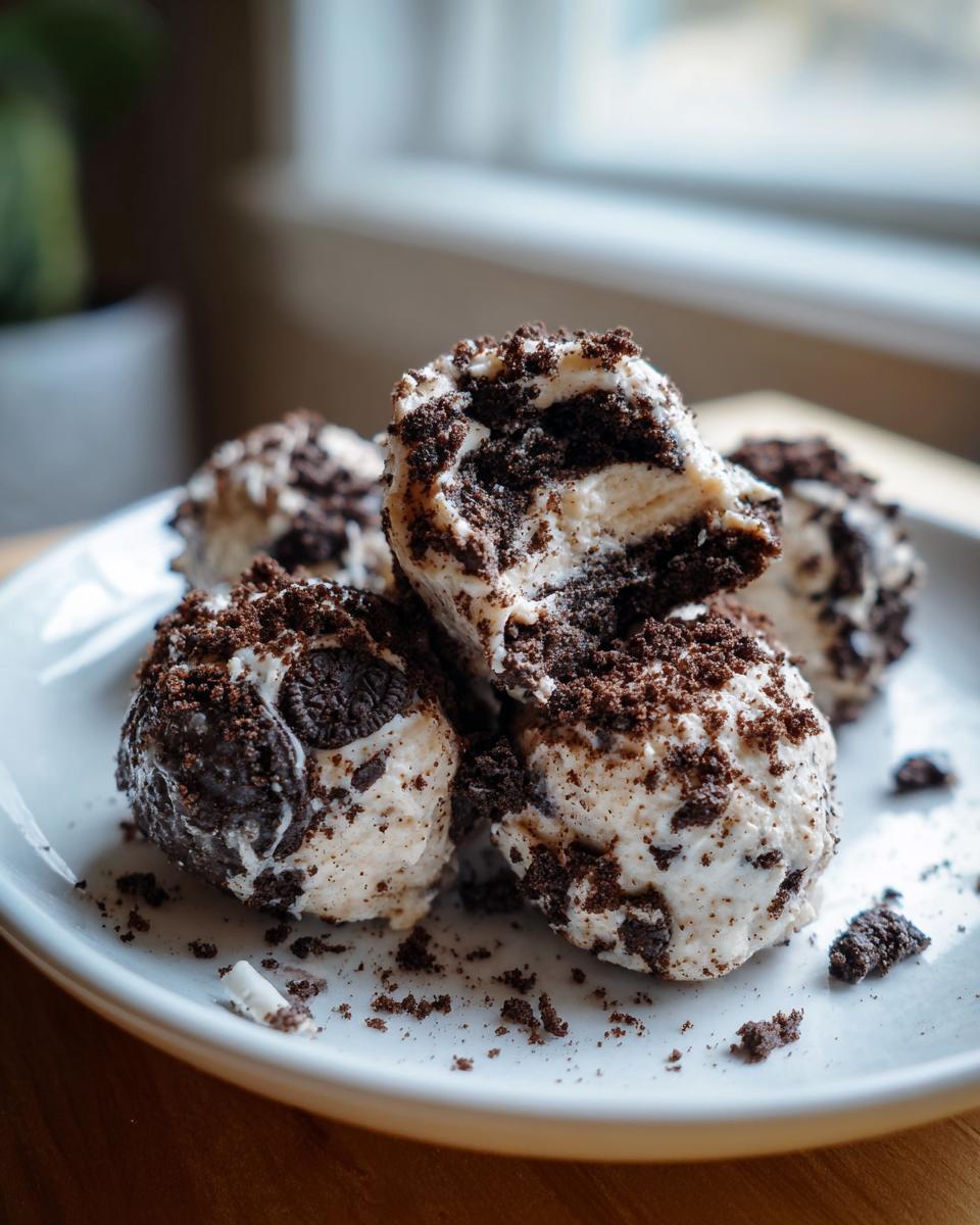 Close-up of Oreo-Frischkäse-Protein-Bällchen on a plate, showing the creamy filling and Oreo crumble topping.