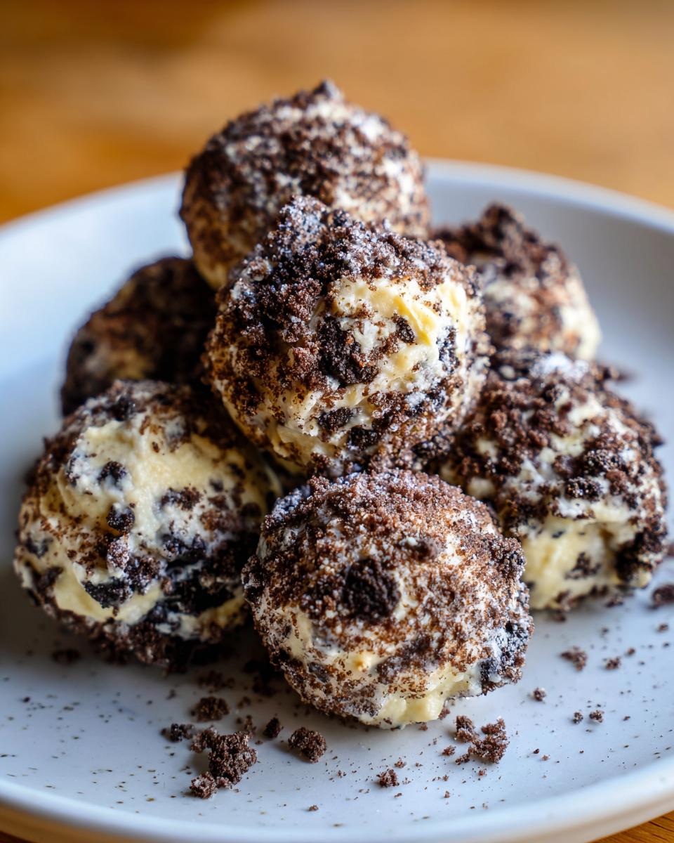 Close-up of stacked Oreo-Frischkäse-Protein-Bällchen on a plate, showing the creamy filling and Oreo crumble coating.
