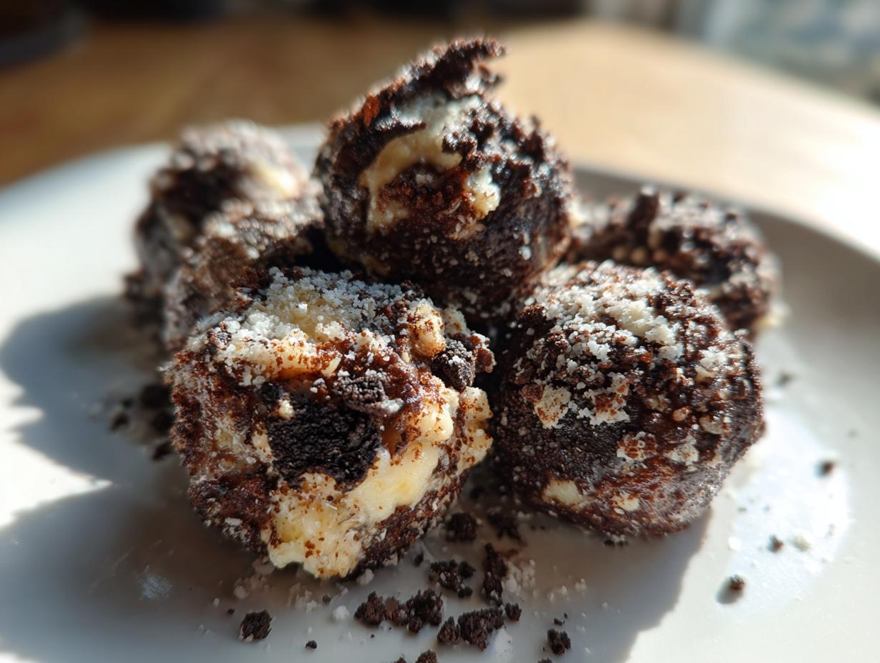 Close-up of Oreo-Frischkäse-Protein-Bällchen on a white plate, sprinkled with Oreo crumbs and protein powder.
