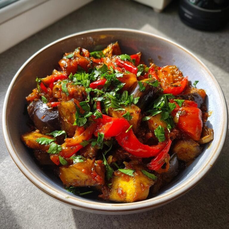 Bowl of Orientalische Auberginenpfanne mit Gewürzen, vegan and würzig, garnished with fresh parsley and red peppers.