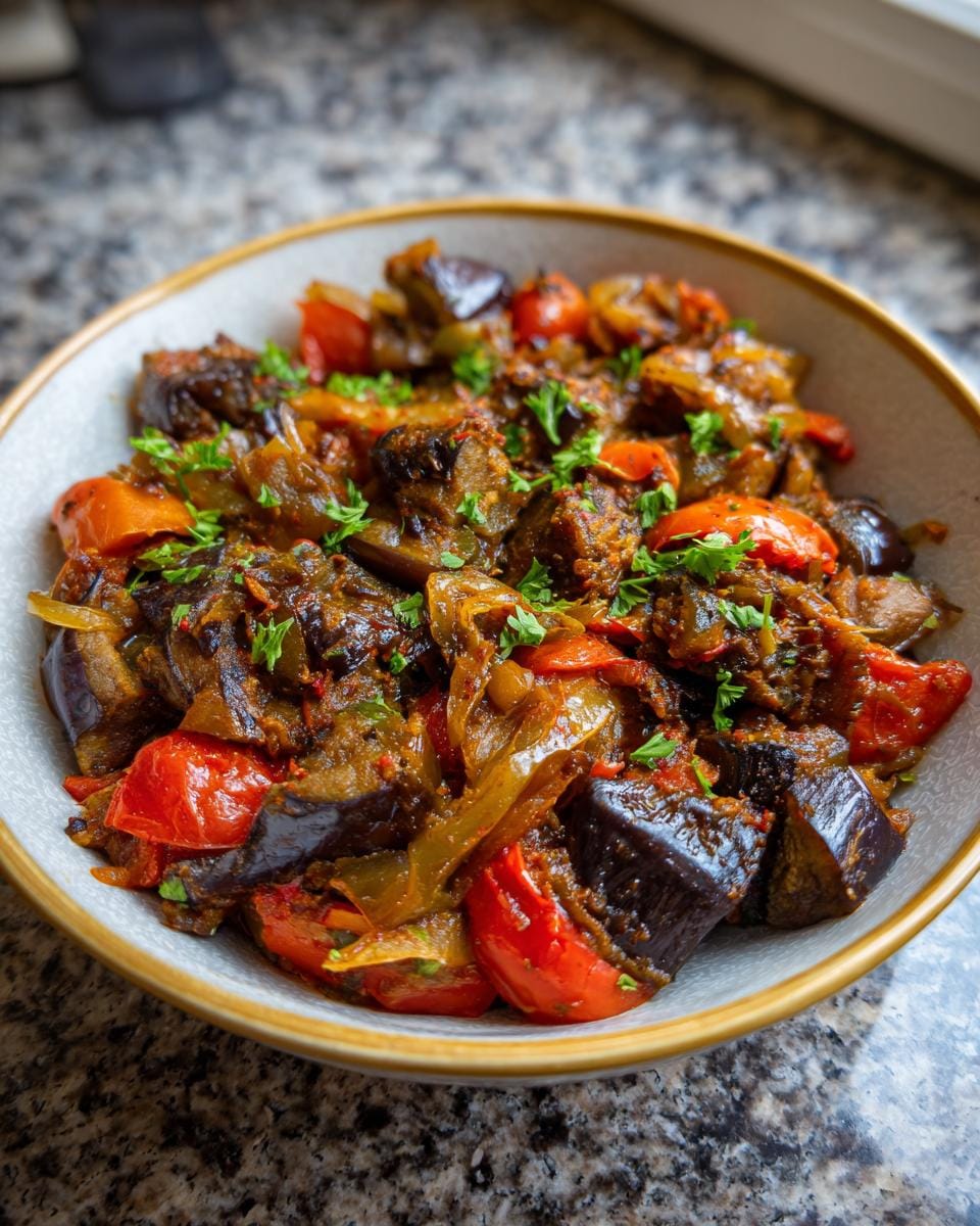 Close-up of Orientalische Auberginenpfanne mit Gewürzen, a vegan dish with eggplant, peppers, and spices.