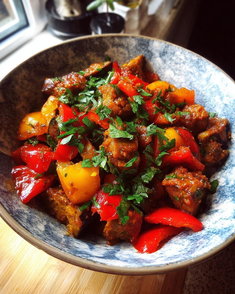 Bowl of Orientalische Auberginenpfanne mit Gewürzen, featuring eggplant, peppers, and fresh herbs.