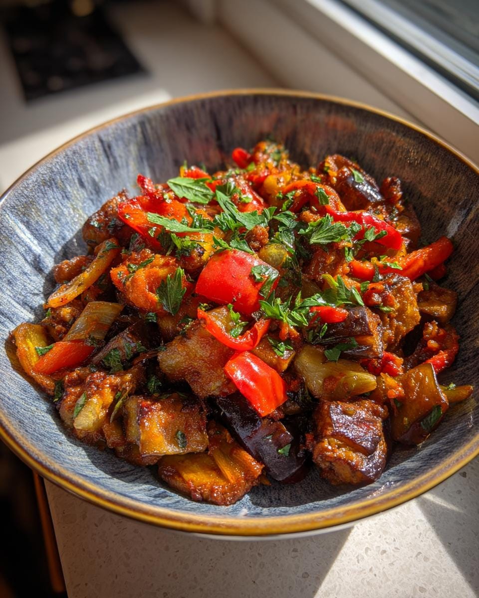 A bowl of Orientalische Auberginenpfanne mit Gewürzen, a vegan eggplant dish with spices and red peppers, garnished with parsley.
