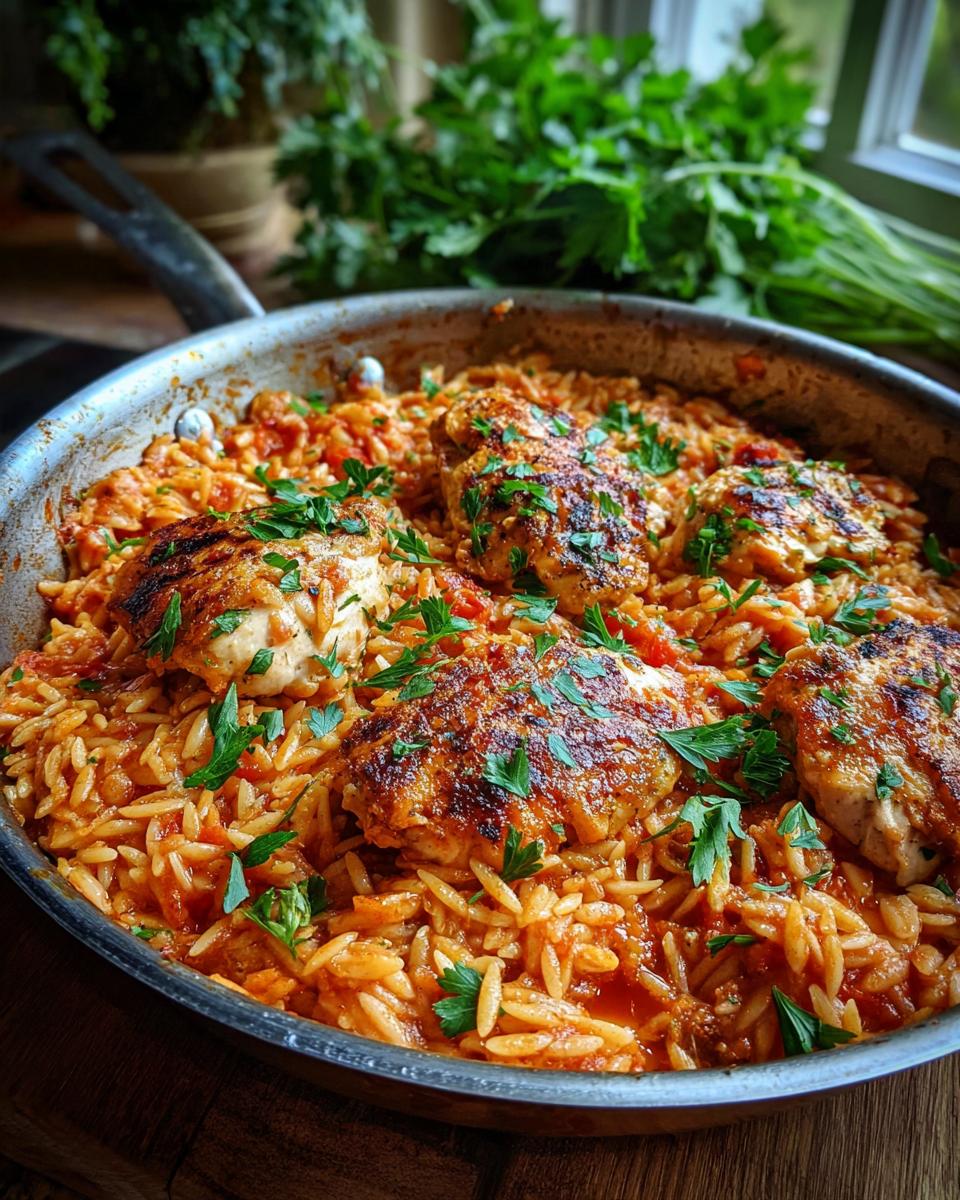Nahaufnahme einer Orzo-Pfanne mit Hähnchen, garniert mit frischer Petersilie.