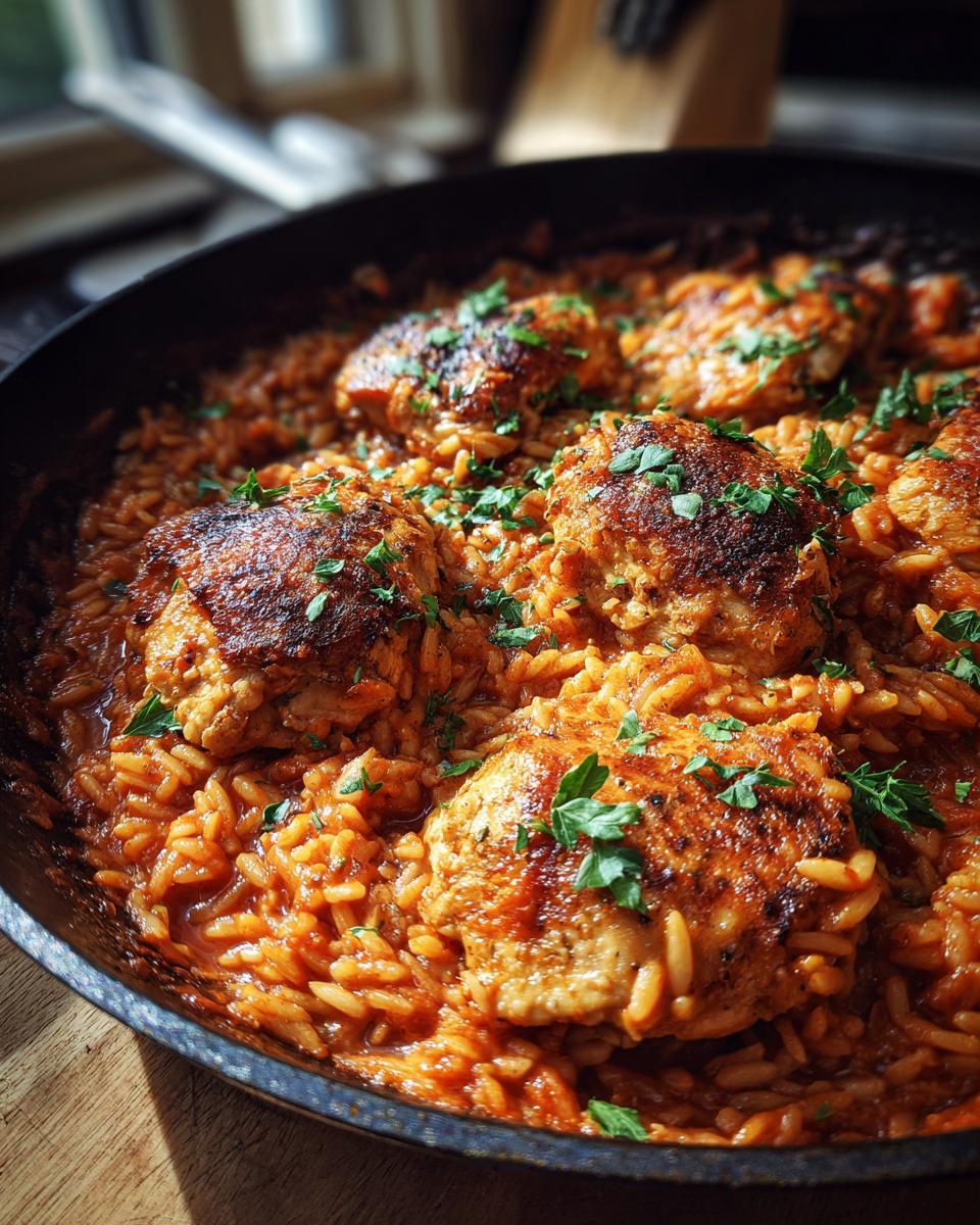 Nahaufnahme einer Orzo-Pfanne mit Hähnchen, garniert mit frischer Petersilie.