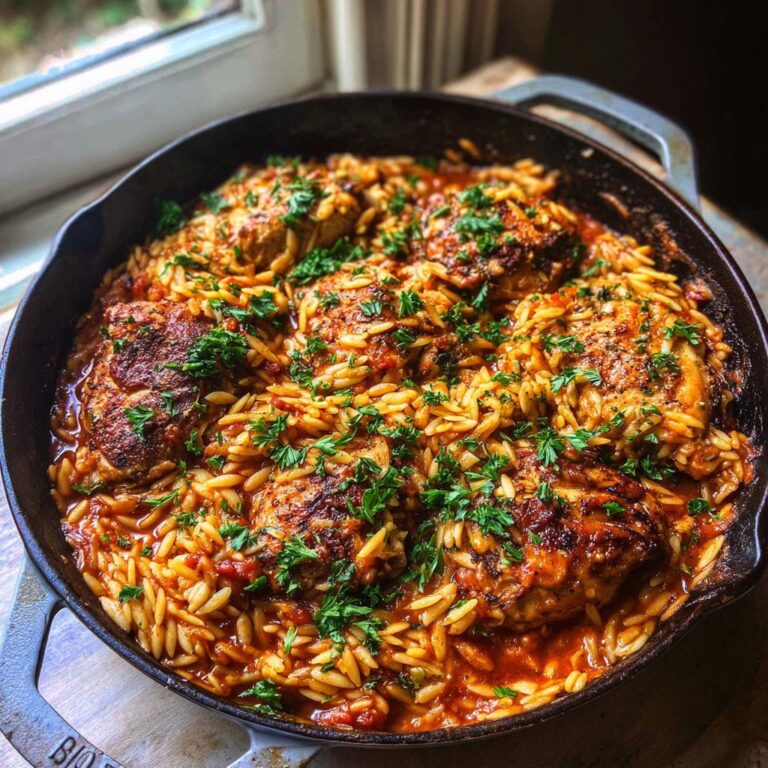Nahaufnahme einer Orzo-Pfanne mit Hähnchen, garniert mit frischer Petersilie in einer gusseisernen Pfanne.