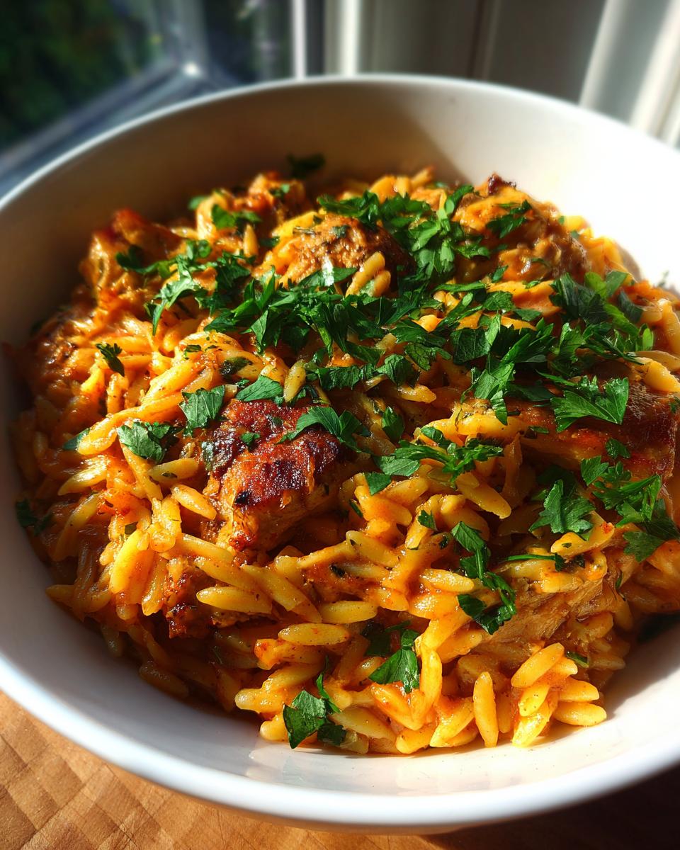 A bowl of flavorful Orzo-Pfanne mit Hähnchen, garnished with fresh parsley. A quick and easy German meal.