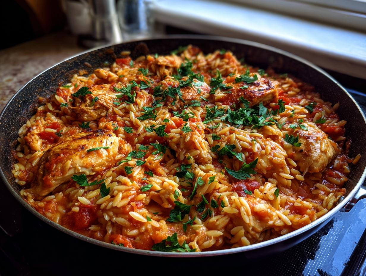 Close-up of Orzo-Pfanne mit Hähnchen in a pan, garnished with fresh parsley. Ready to serve.