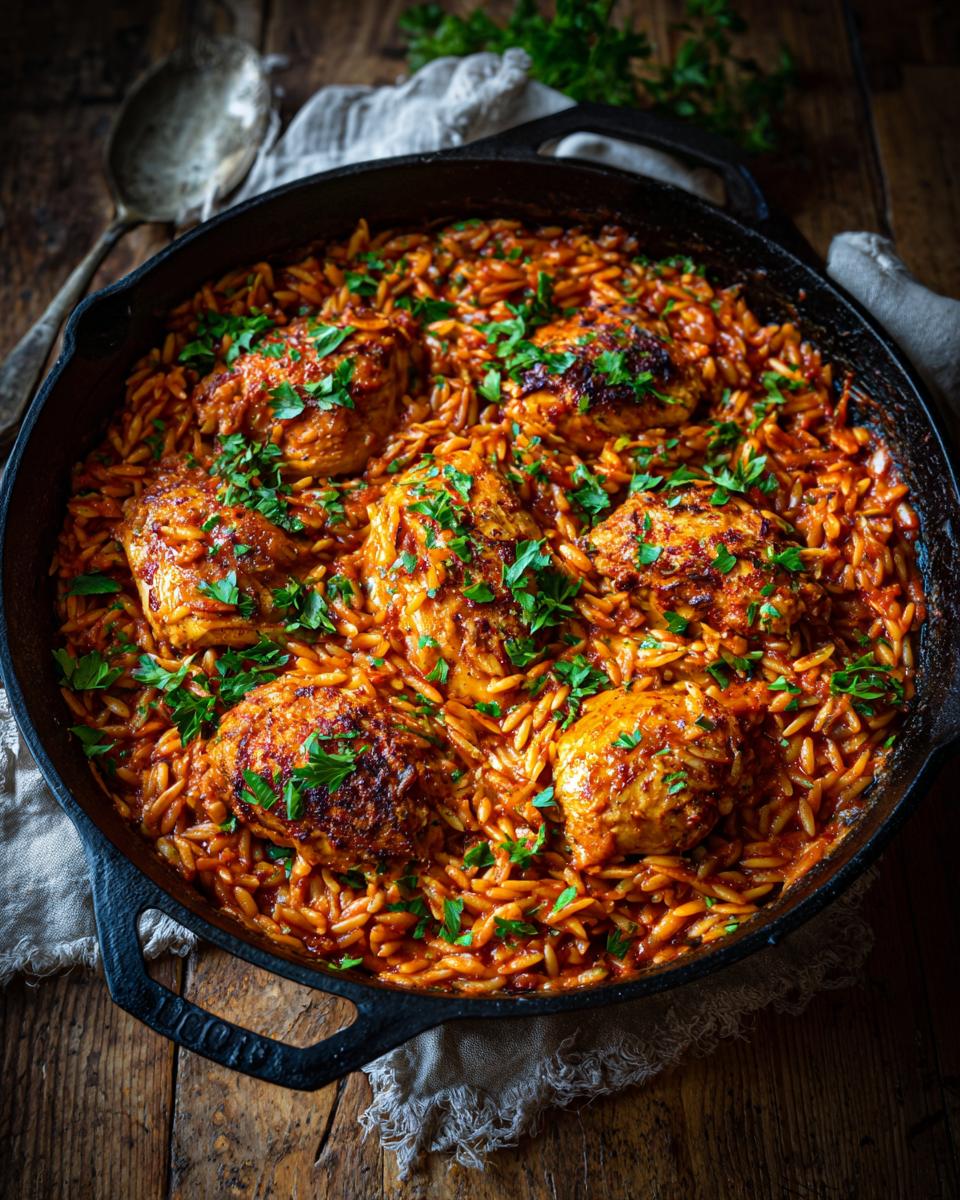 Close-up of Orzo-Pfanne mit Hähnchen in a cast iron skillet, garnished with fresh parsley.