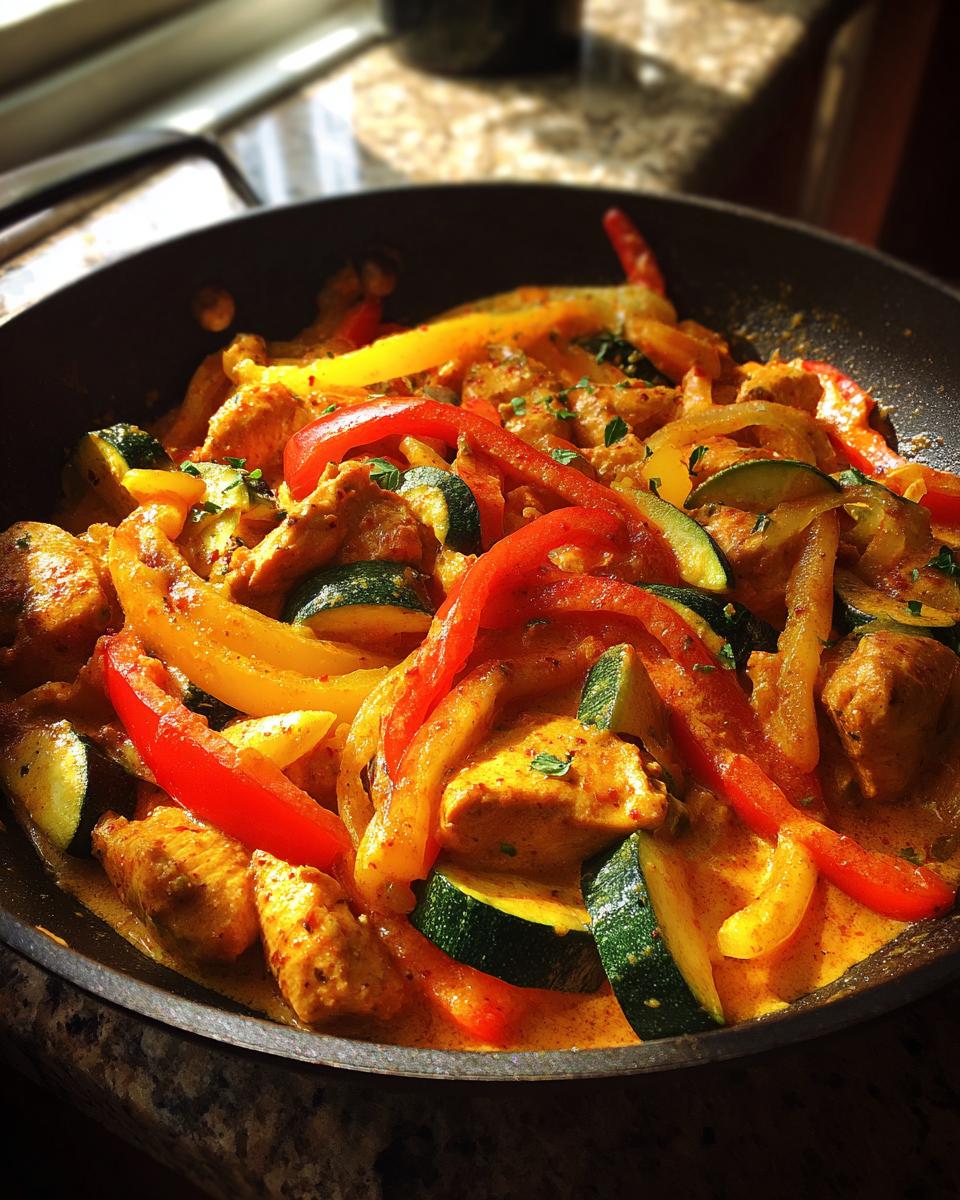 Pfanne mit Paprika-Zucchini-Sahne-Hähnchen, garniert mit frischen Kräutern.