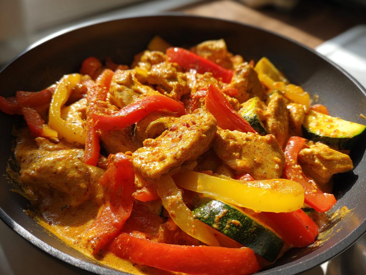 Pfannengericht mit Paprika-Zucchini-Sahne-Hähnchen, serviert in einer dunklen Pfanne.