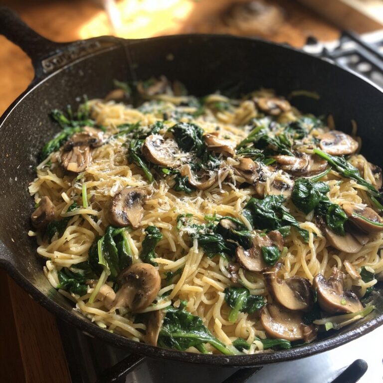 A skillet filled with Parmesan Spinach Mushroom Pasta, ready to serve.