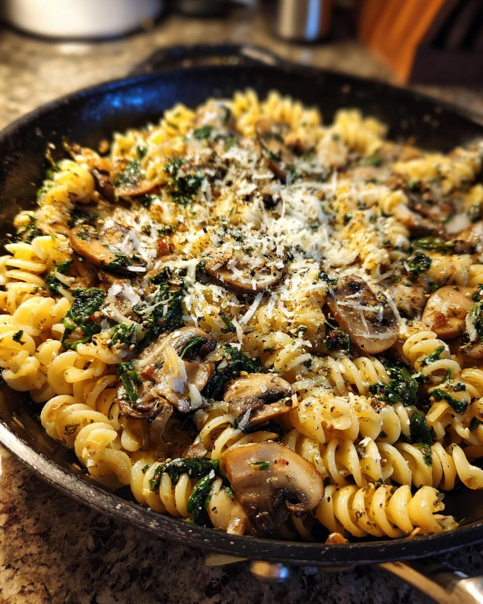 Close-up of Parmesan Spinach Mushroom Pasta Skillet with spiral pasta, mushrooms, and spinach.