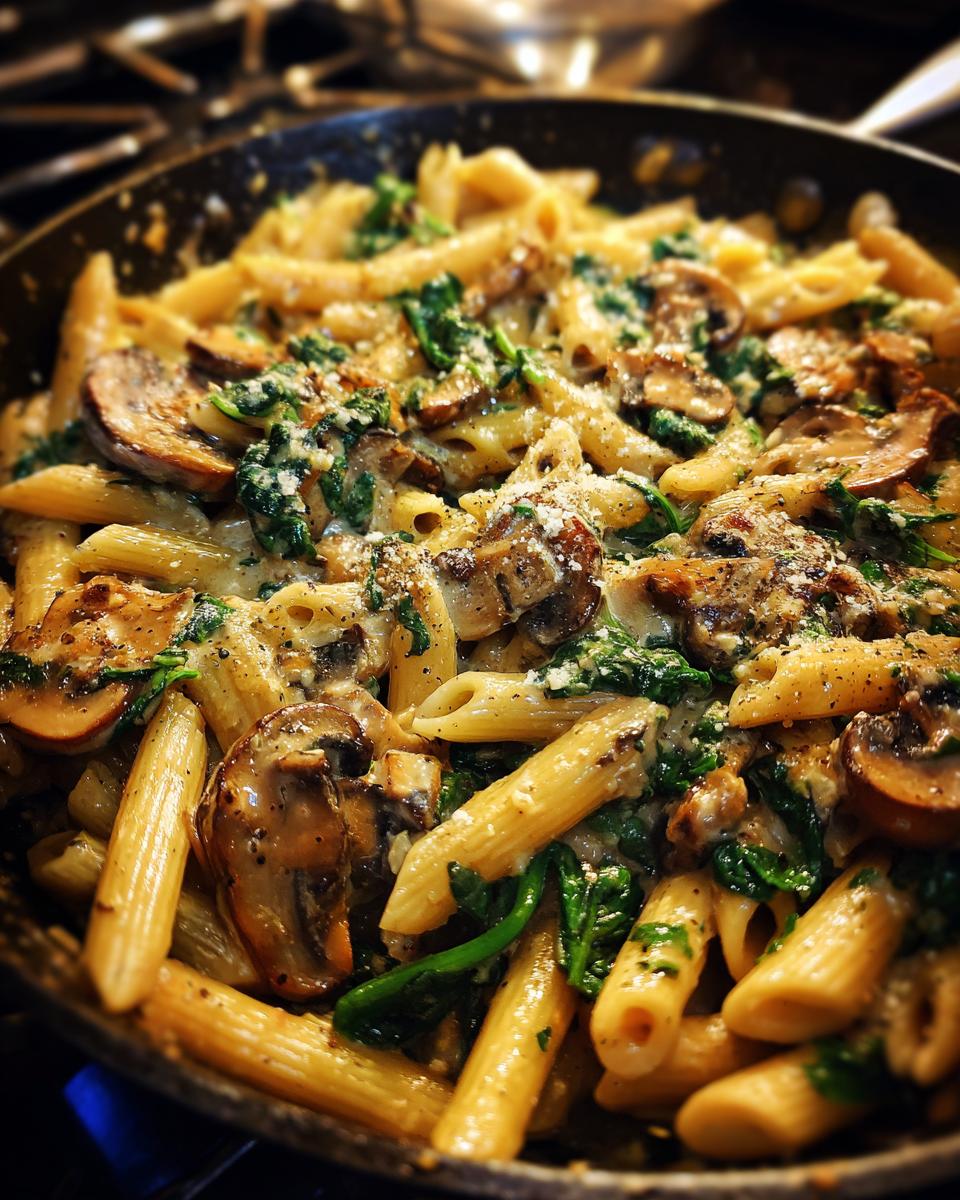 Overhead view of Parmesan Spinach Mushroom Pasta Skillet, featuring penne pasta, spinach, and sliced mushrooms.
