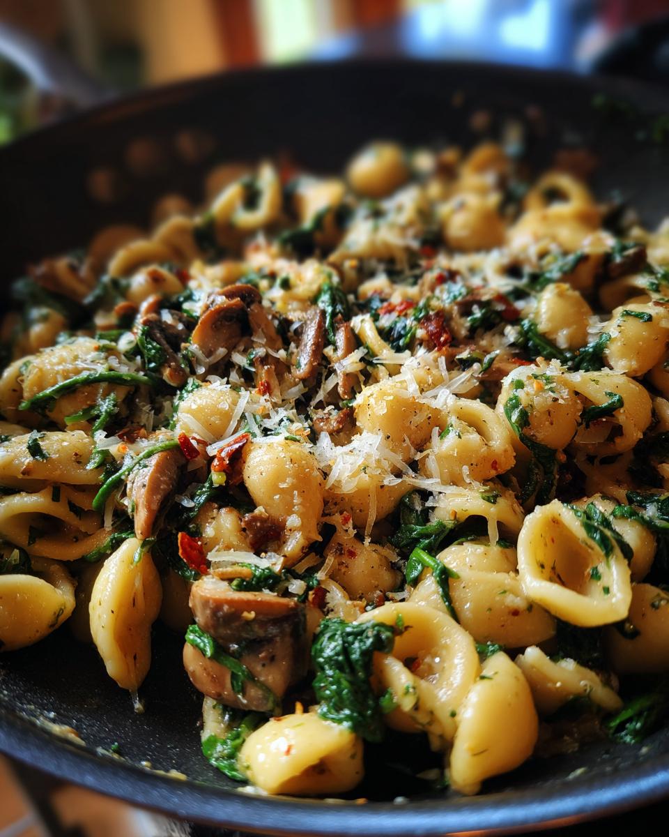 Close-up of Parmesan Spinach Mushroom Pasta Skillet with pasta shells, spinach, mushrooms, and parmesan.