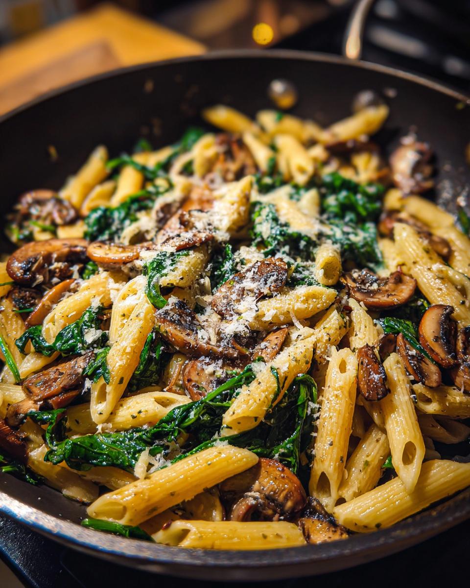 Close-up of Parmesan Spinach Mushroom Pasta Skillet with penne pasta, spinach, mushrooms, and parmesan cheese.