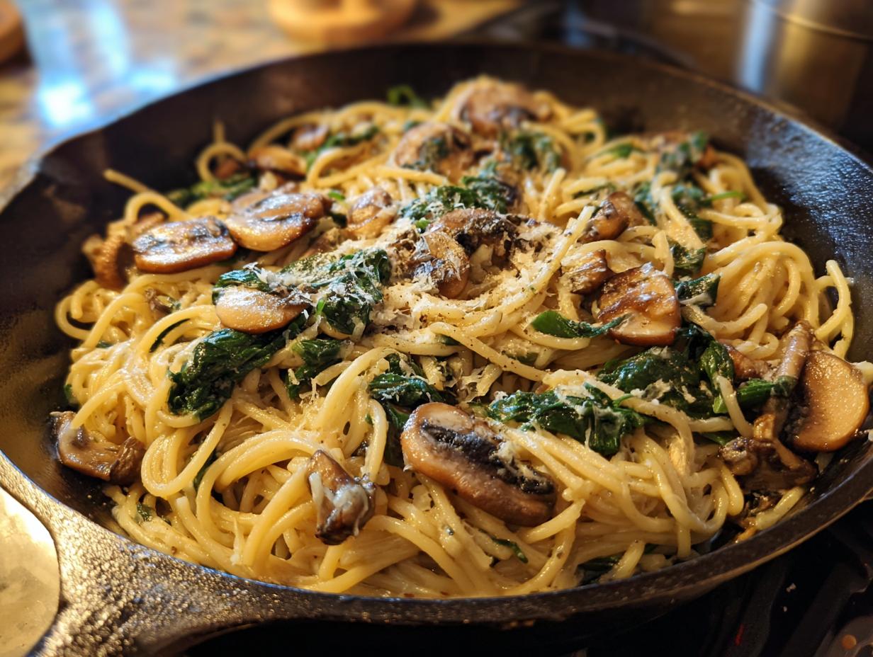 A delicious Parmesan Spinach Mushroom Pasta Skillet, ready to serve.