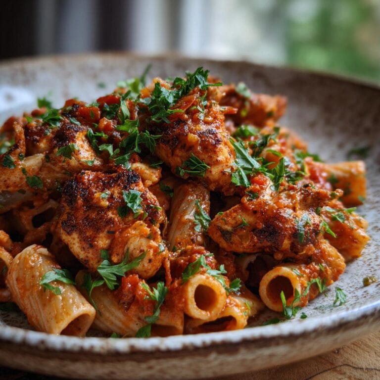 Close-up of pasta with chicken in tomato sauce, garnished with parsley. GESUNDE GERICHTE.