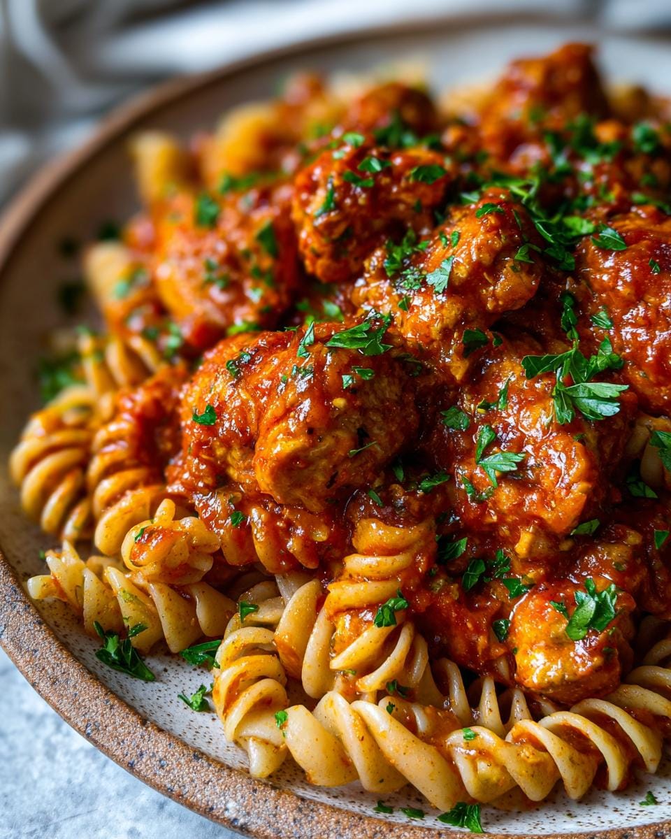 Close-up of pasta with meatballs in tomato sauce, garnished with parsley. GESUNDE GERICHTE.
