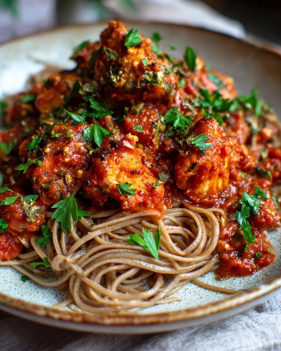 Close-up of a plate of pasta with tomato sauce, a gesunde gerichte, garnished with fresh parsley.