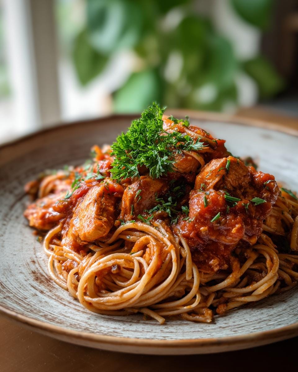 A plate of pasta with tomato sauce and herbs, a GESUNDE GERICHTE recipe.