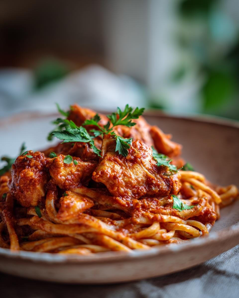 Close-up of pasta topped with tomato sauce and chicken, garnished with parsley. GESUNDE GERICHTE.