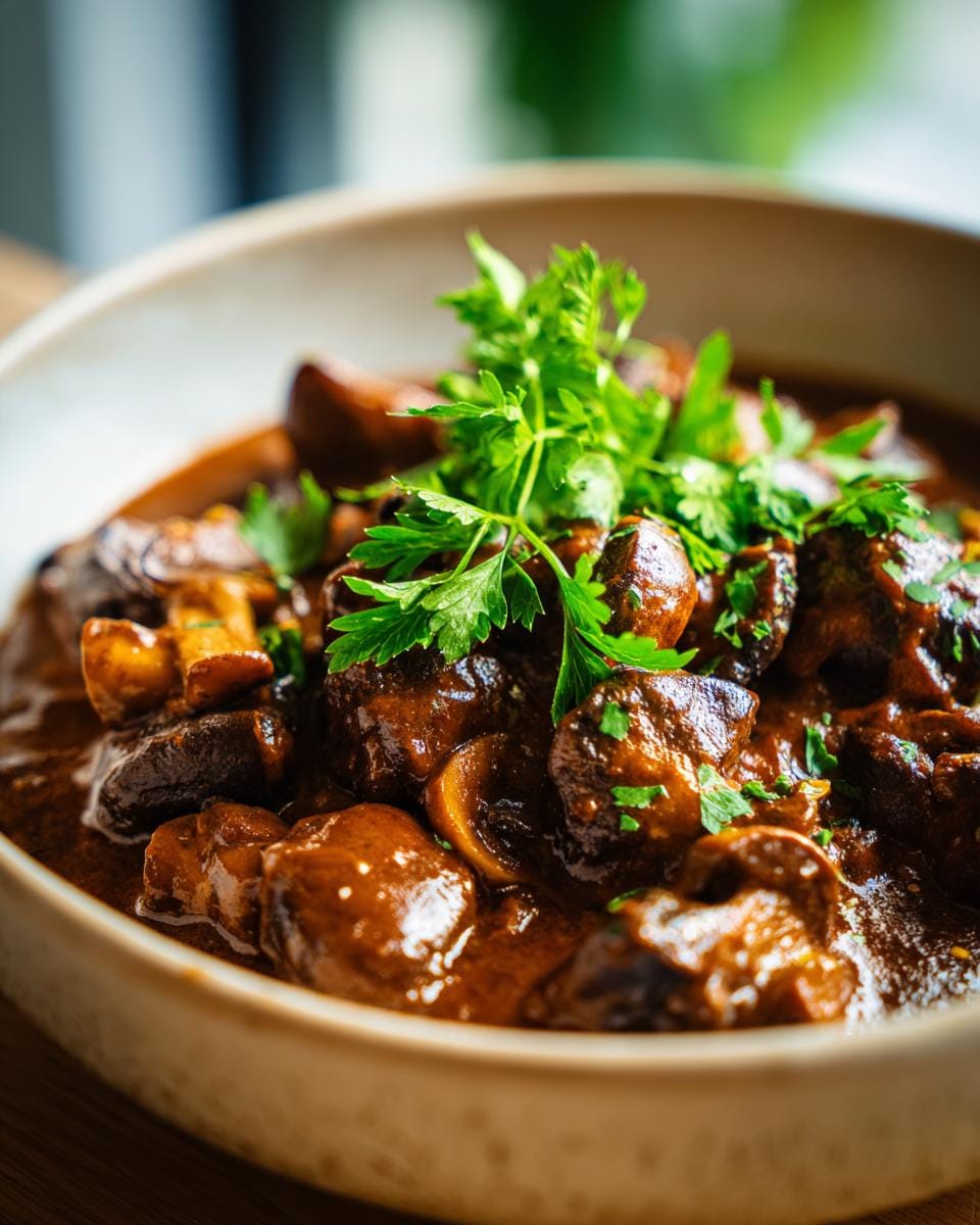 Close-up of hearty Pilzgulasch (mushroom goulash) in a bowl, garnished with fresh parsley.