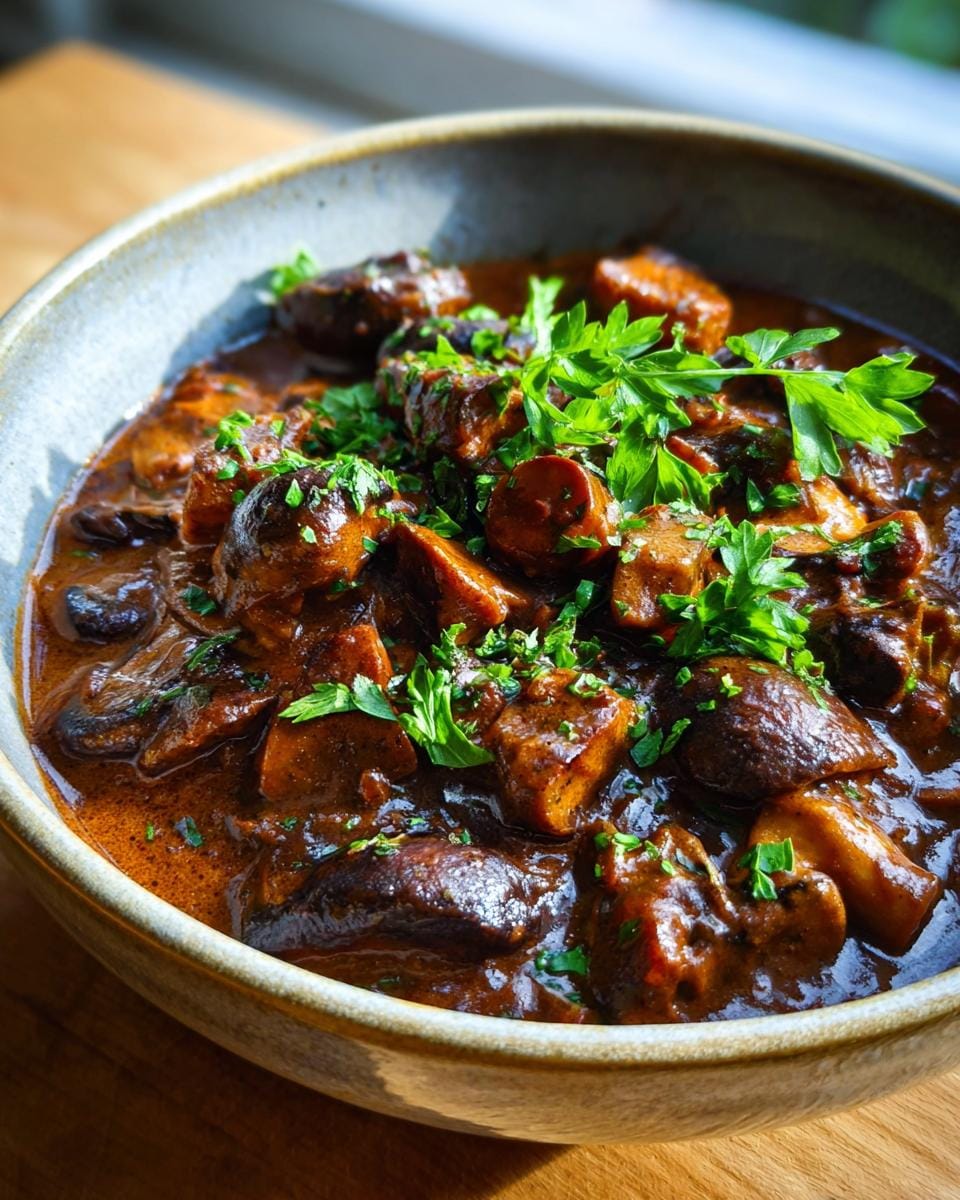 Close-up of hearty Pilzgulasch (mushroom goulash) in a bowl, garnished with fresh parsley.