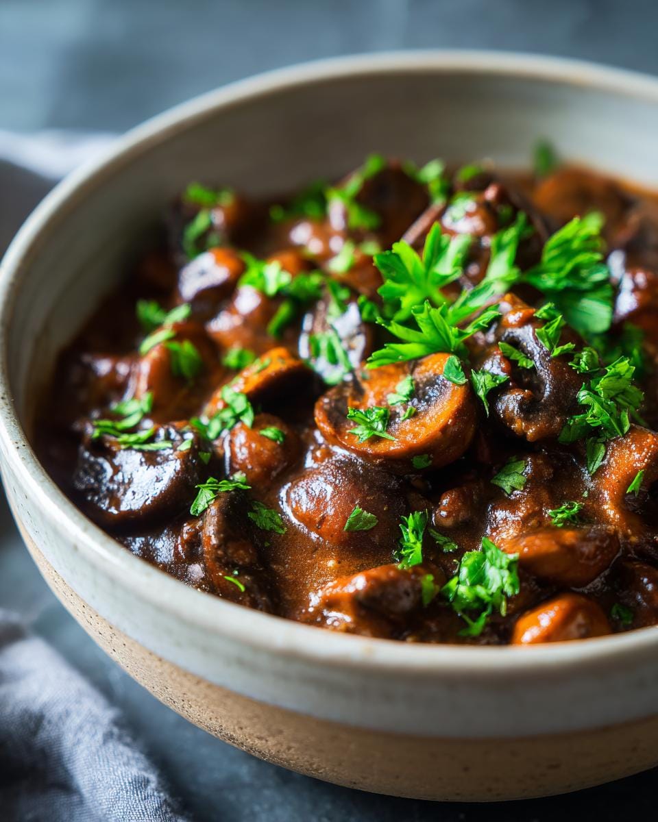 Close-up of a bowl of German PILZGULASCH, garnished with fresh parsley.