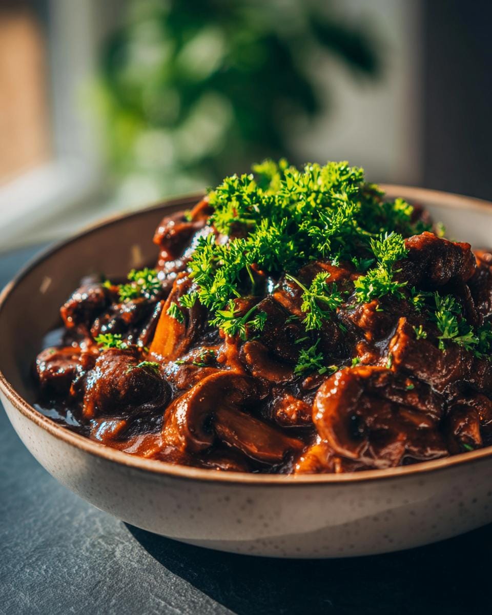 A hearty bowl of Pilzgulasch, a German mushroom stew, garnished with fresh parsley.