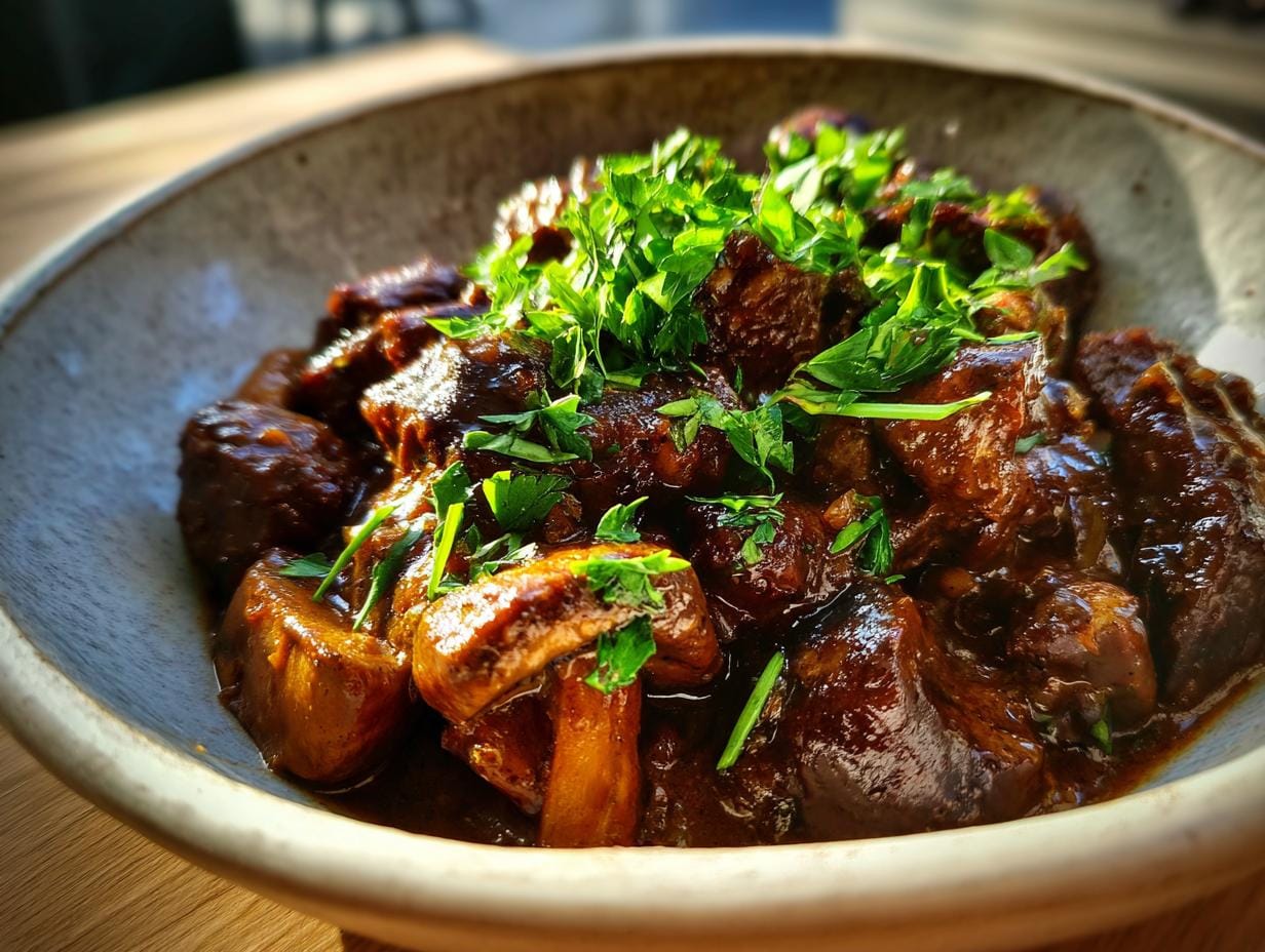 A bowl of hearty Pilzgulasch, a German mushroom stew, garnished with fresh parsley.