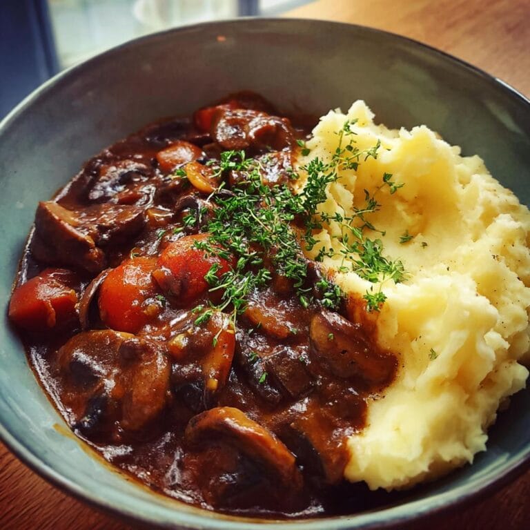 Bowl of Pilzgulasch Rezept mit Kartoffelpüree, garnished with fresh thyme. A hearty vegetarian dinner.