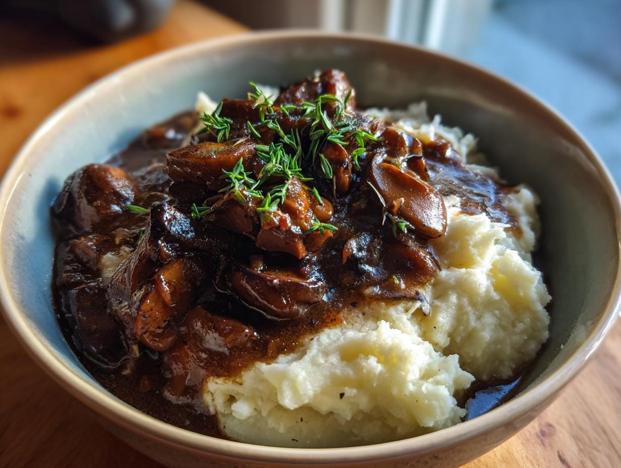 A bowl of Pilzgulasch Rezept mit Kartoffelpüree, a simple and hearty vegetarian dinner, garnished with thyme.