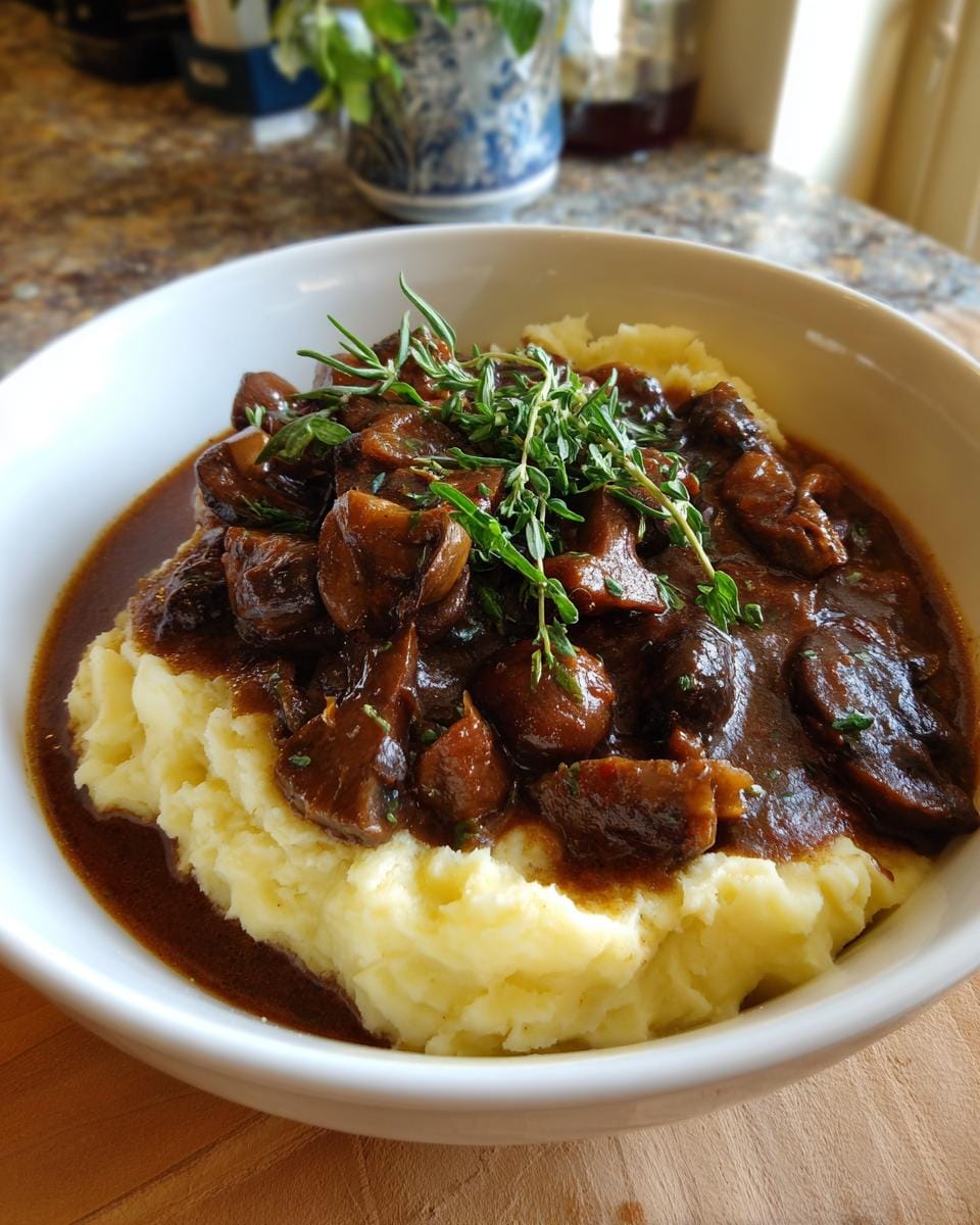 A bowl of Pilzgulasch Rezept mit Kartoffelpüree, garnished with fresh herbs, a simple vegetarian dinner.