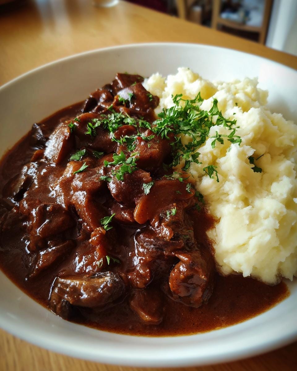 Hearty Pilzgulasch Rezept mit Kartoffelpüree, garnished with parsley, in a white bowl.