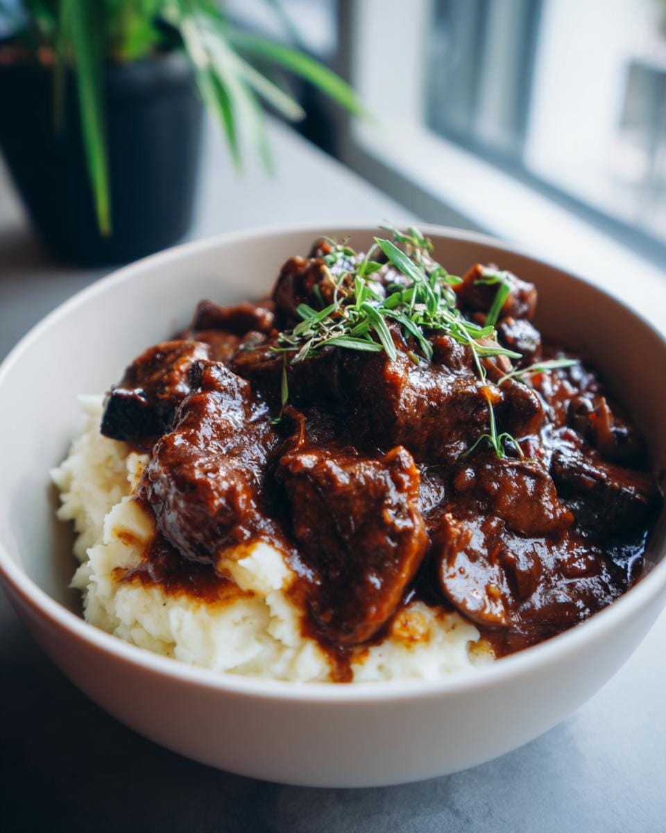 A bowl of Pilzgulasch Rezept mit Kartoffelpüree, garnished with herbs, sits near a window.