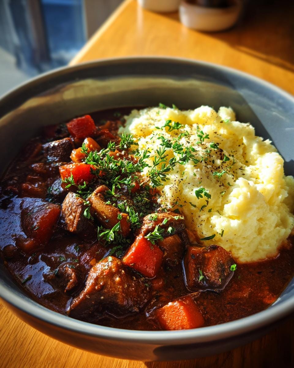 A bowl of Pilzgulasch Rezept mit Kartoffelpüree, a hearty vegetarian mushroom goulash with mashed potatoes.
