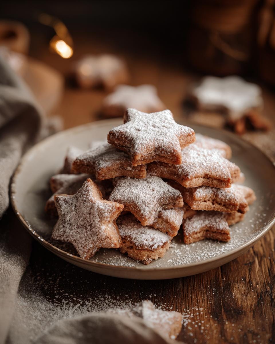 A stack of Plätzchen: Weiche Zimtsterne cookies dusted with powdered sugar on a plate.