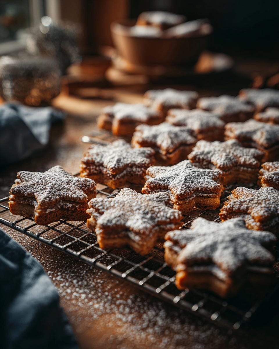 Close-up of Plätzchen: Weiche Zimtsterne cookies dusted with powdered sugar on a cooling rack.
