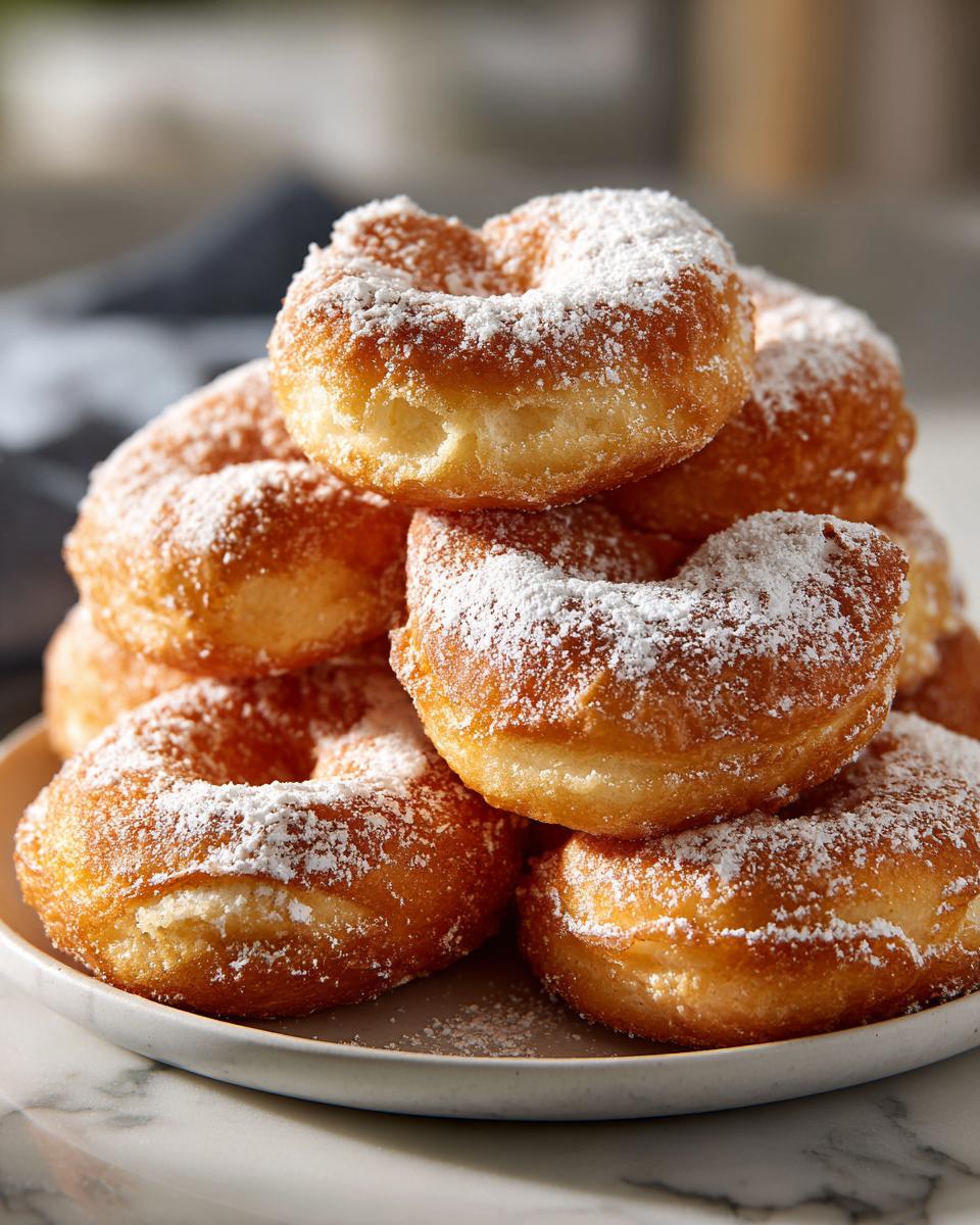 Stack of golden donuts dusted with powdered sugar, referencing Vanillekipferl Mission Food Adventure.