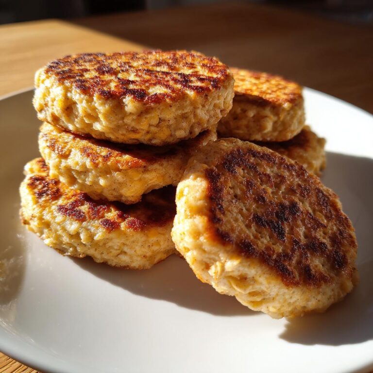 Stack of golden-brown Power Quark-Taler mit Haferflocken on a white plate, ready to eat.
