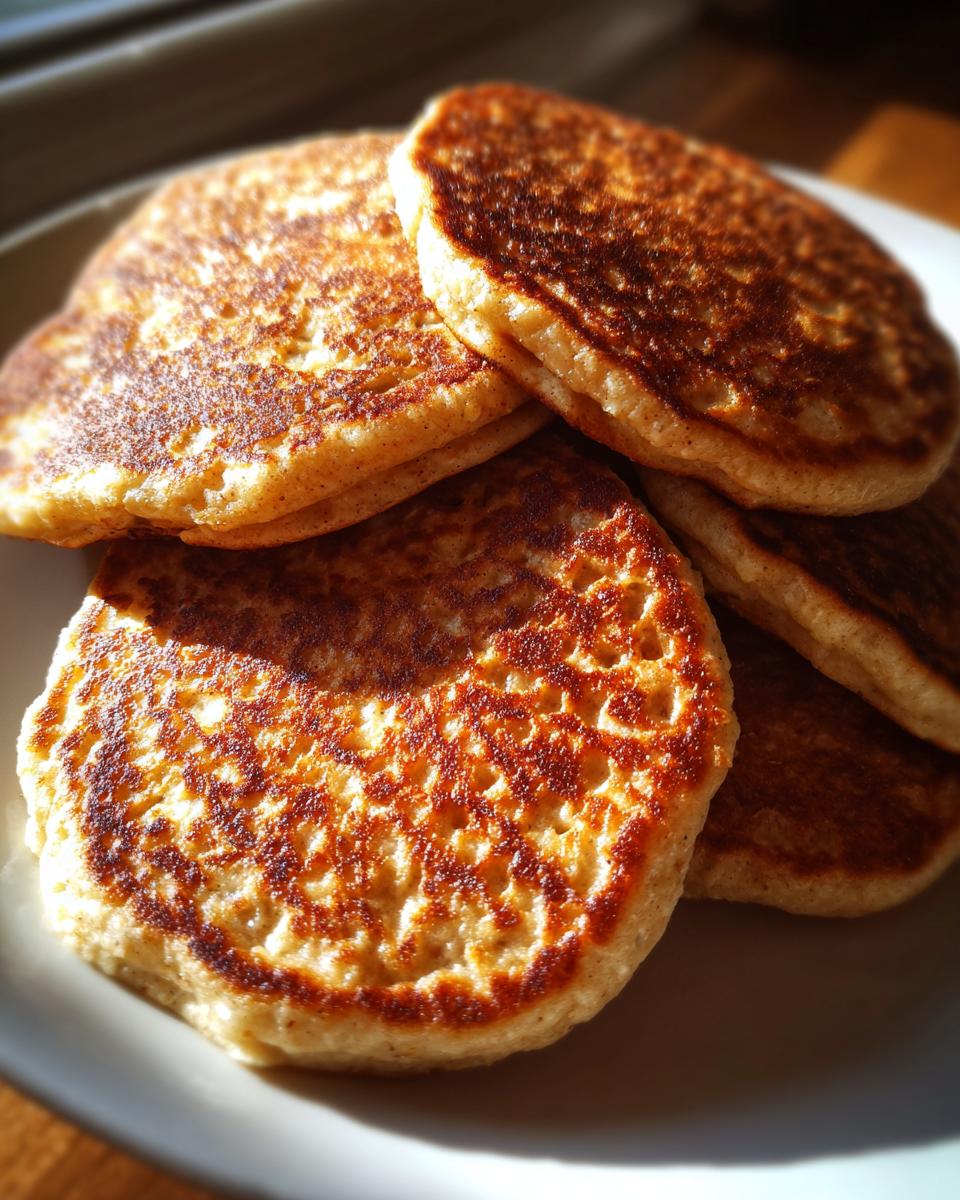 A stack of golden-brown Power Quark-Taler mit Haferflocken (quark pancakes with oats) on a white plate.