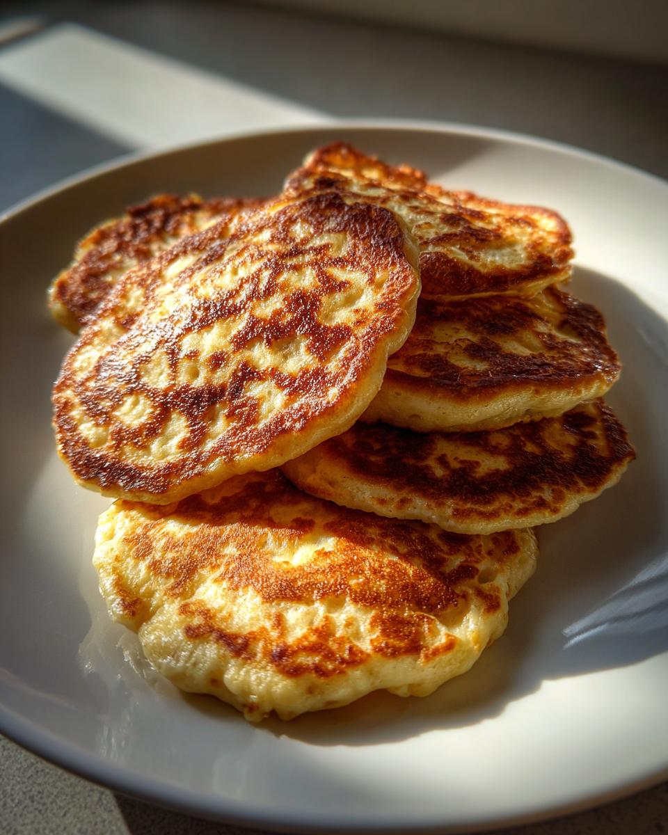 A stack of golden Power Quark-Taler mit Haferflocken (quark pancakes with oats) on a white plate.
