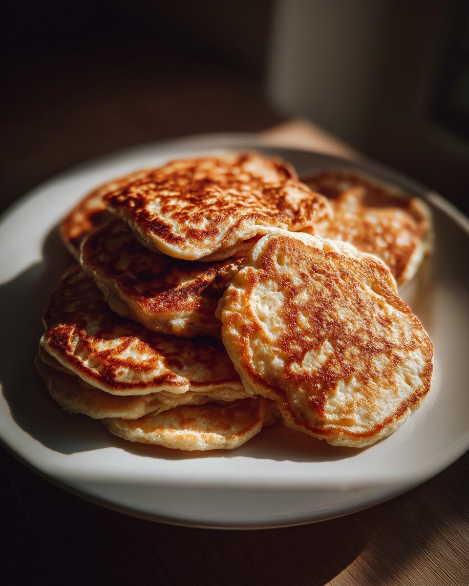 Stack of golden Power Quark-Taler mit Haferflocken on a white plate, ready to eat.